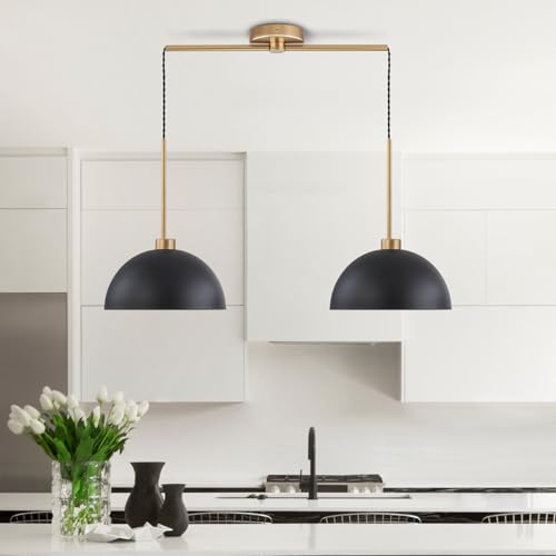 2 Light Black and Gold Dome Pendant Lights Kitchen Island | Height Adjustable, E26 Base, Easy Installation, Farmhouse Industrial for Dining Room Kitchen Island Restaurant Cafe Bar - color: Black-2 Lights