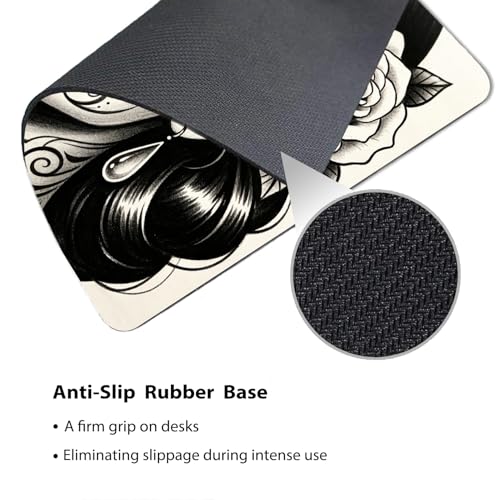 Day of the Dead Sugar Skull Woman Mouse Pad 9.5" x 7.9", Black & White Tattoo Art Cute Desk Mat - color: Floral Skull