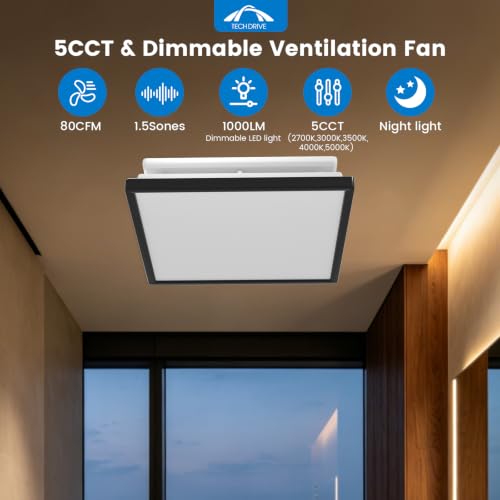 Tech Drive Bathroom Fan with Light And Night Light,80 CFM,4 Inch Duct | 1000lm Dimmable 5CCT LED Light, HVI and Energy Star Certified, Decorative Black Trim, Easy to Install - size: 80CFM with 3CCT Light (Black)
