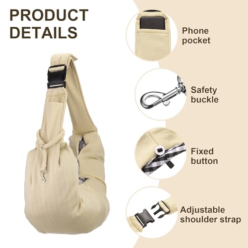 Dog Sling Carrier for Small Dogs and Cats Up to 16.5 Lbs, Adjustable Buckle with Pocket Pet Sling Carrier Safety Harness, (Beige, 1 Pcs) Intended for Outdoor/Camp/Travel - color: Beige