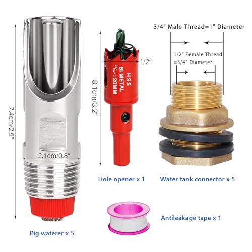 Pig Waterer Nipple 5 PCS Automatic Pig Nipple Drinkers with 5 Pcs Brass Water Tank Connector 1Pcs Hole Opener Pig Waterer Feeder Systems Kit for Hog Pig Goats Swine Piglets Drinking