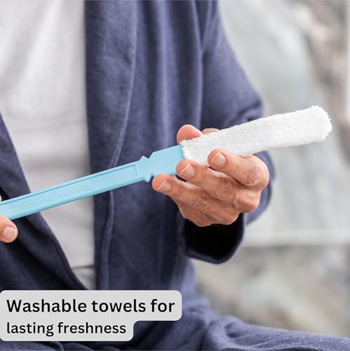 Burlingham's Toe and Foot Towel Brush with Reusable Drying Covers Long 17” Handle for Cleaning Between Toes, Soft Skin Exfoliation,for Seniors, Adults, or Kids, 5 Washable Cloth (Aqua Blue) - color: Aqua Blue