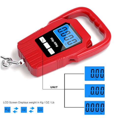 Digital Fish Scale Hanging Scale Fishing Scale,110lb/50kg Luggage Scale,Upgrade Large Handle & Backlit LCD Display, Electronic Balance Digital Fishing Postal Scale, Red, Fishing Gifts for Men - color: Red