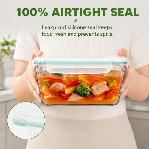 2 Pack Large Glass Storage Containers with Lids 85oz/10.5cup Big Airtight Glass Food Storage Containers for Rotisserie Chicken Watermelon Meal Prep, BPA Free, Freezer Dishwasher Oven Safe - color: green