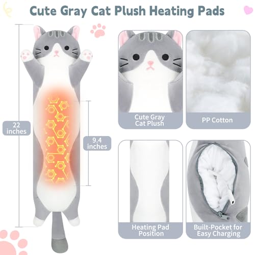 Gray Cat Plush USB Heating Pad for Girl Period Cramps Menstrual | 22” Cat Heated Plush Stuffed Animals, Portable Indoor Outdoor Use, Electric Kitten Plush Heating Pad for Women Teen Mom Gifts - color: Gray Cat Heating Pads