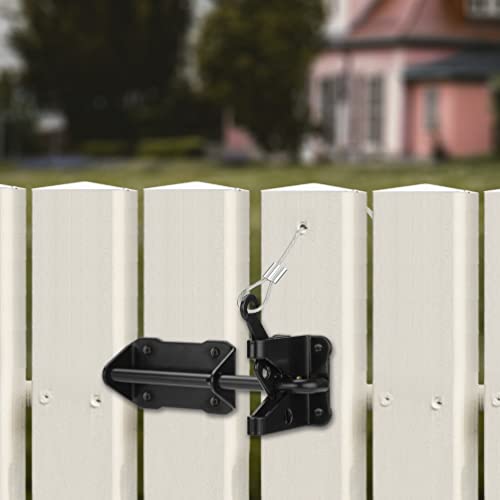 Heavy Duty Automatic Gate Latch for Wooden Fence with Cable Pull, 7-1/2" Self-Locking Gravity Lever Door Security Latches Hardware for Metal Gates, Vinyl Fence, Outdoor Garden, Pool, Black