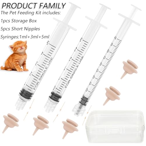 Pet Feeder Syringe, Newborn Animal Feeder Syringe Individually Wrapped, 1ML/3ML/5ML Pet Feeding Nursing Syringe with 5 Nipple, Silicone Pet Feeding Nipple for Kitten Puppy and Small Animals
