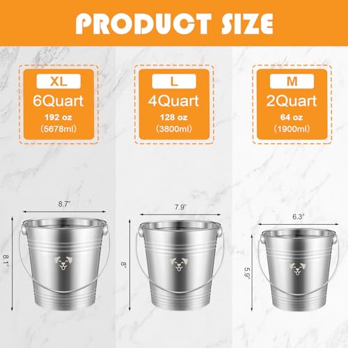 Hicarer 4 Pcs 6 Quart Stainless Steel Dog Water Bucket, Heavy Duty Stainless Steel Bucket Water Pails for Dogs Pets, Kennels Farms Fences Christmas, Silver - size: 6 Quart