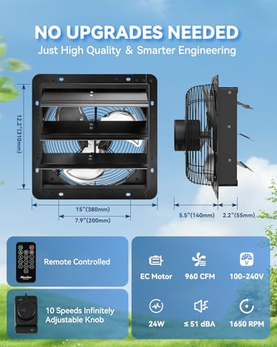12” Wall Mounted Shutter Exhaust Fan - EC Motor, Remote ＆ Speed Controller, Aluminum Auto Shutter Ventilation Fan, Energy Efficient Low Noise Attic, Coops, Greenhouse, Barn, Garage, Shed Ventilator - size: 12"
