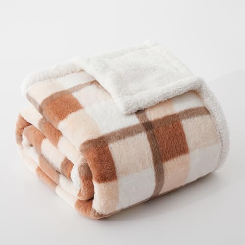 PU MEI Super Soft Faux Rabbit Fur Sherpa Fleece Throw Blanket, Reversible Luxury Cozy Cute Furry Blanket, Plush Warm Shaggy Fluffy Checkered Blankets for Sofa Couch Bed (Beige-Plaid, 60" x 80") - color: Beige-plaid, size: 60"*80"