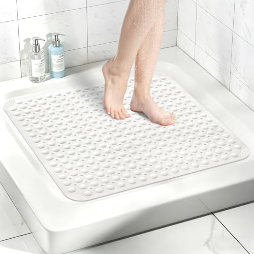 Square Shower Mat Non Slip: 32" x 32" Large Shower Mats for Inside Shower - Soft TPE Cuttable Anti Slip Shower Floor Mat with Drain Holes and Suction Cups - color: White