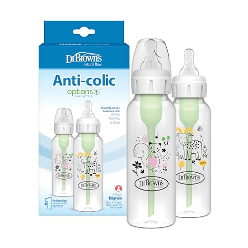 Dr. Brown's Anti-Colic Options+ Narrow Baby Bottle, Goat Squirrel, 2-Pack - color: Pink & Yellow (Squirrel & Goat), size: 1 Count (Pack of 2)