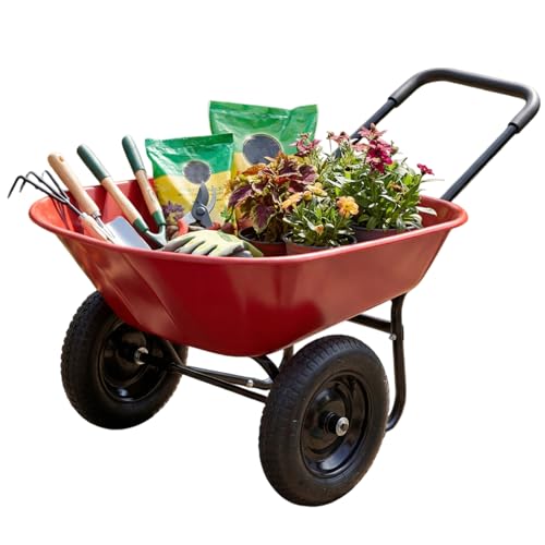 IRONMAX Dual-Wheel Wheelbarrow with All-Terrain Wheels, 220LBS, Red | Heavy Duty Wheel Barrow Gardening Cart, Yard Cart with Built-In Stand for Lawn, Farm & Planting - color: Red