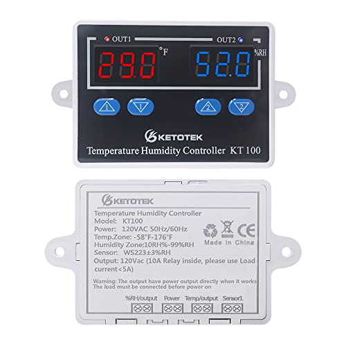 KETOTEK Temperature Humidity Controller Digital Thermostat Module 120V, Heating Cooling Humidification and dehumidification Control 110V 10A, Fahrenheit Display