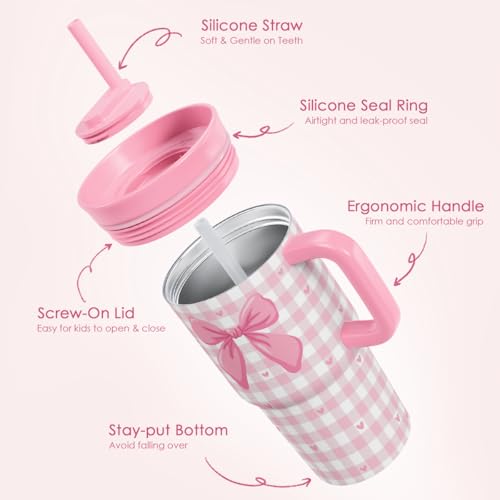SANDJEST Bow Stainless Steel Tumbler 20oz with Handle and Silicone Straw Locking Lid for Kids Girls, Birthday Christmas Back to School - color: Bow 2