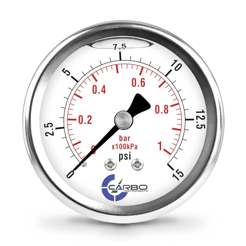 15 PSI Liquid Filled Pressure Gauge with NIST Traceable Certificate, Calibrated in USA Lab, 2.5" Dial, 1/4 NPT Back Mount, ASME Grade A, 304 SS Case, Brass Wetted Parts, PSI/Bar - size: 0-15 PSI, style: NIST TRACEABLE