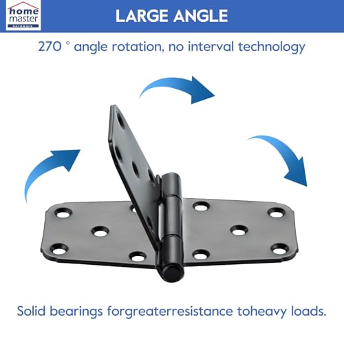 HOME MASTER HARDWARE 6" Heavy Duty Gate Hinges, 4 Pack T-Strap Hinge, Black | Steel Wought Hinges for Wooden Fences, Shed Door, Rotate 270 Degrees, 70LBS Capacity, Included Screws, Black Finish