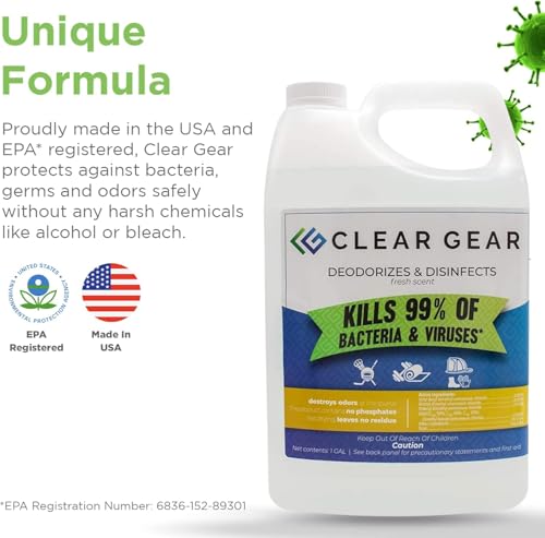 Clear Gear Disinfectant and Deodorizer for Sports Equipment 1 Gallon Bottle | Cleaner for Gyms and Fitness Centers, EPA-Registered, Hospital Grade, Mat Cleaner, Made in USA - size: 128 Fl Oz (Pack of 1)