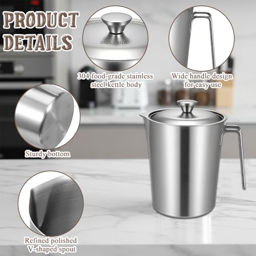 304 Stainless Steel Pitcher with Lid, 70 oz / 2L Measuring Cup | Large Mouth Graduated Beakers with Marking and Handle, Metal Milk Frothing Jug for Espresso Machine, Hot & Cold Water