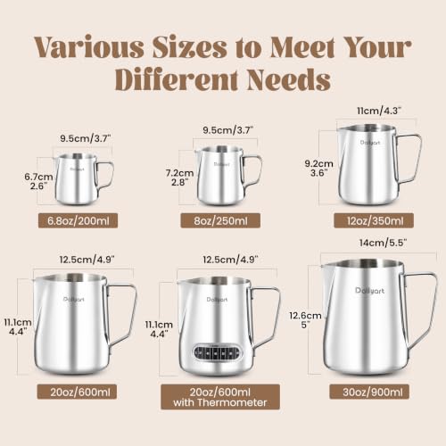 Dailyart Milk Frothing Pitcher 20oz Milk Frother Cup with Thermometer | 304 Stainless Steel 600ml Milk Pitcher with Scale Espresso Machine Accessories for Coffee, Cappuccino, Espresso,Latte Art - size: 20.3 Ounces