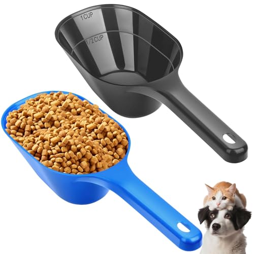 2 PACK Dog Food Scoop, 1 Cup Pet Food Scoop With Measuring Lines | Black and Blue, Clear Markings for Precise Measuring 1/2 and 1 Cup Line,Dishwasher Safe,Plastic,Portable and Sturdy - color: Black and Blue