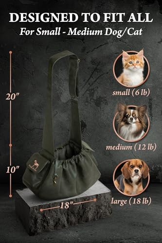 Noah & Paw Dog Sling Carrier for Small Dogs 5-18lb, Dog Sling for Small Dogs and Cats, Dog Carrier with Adjustable Padded Strap, Vegan Leather Lined with Fur, Double Safety Feature, Machine Washable - color: Dark Green