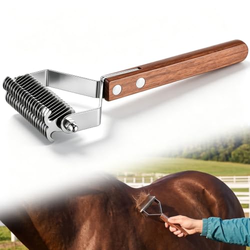 Abbylike 2-sided Livestock Shedding Comb Grooming Dematting Brush Shedding Undercoat Rake for Cattle Horse Goat Cow Pets with 20 Steel Blades and Wood Handle - style: 2-sided
