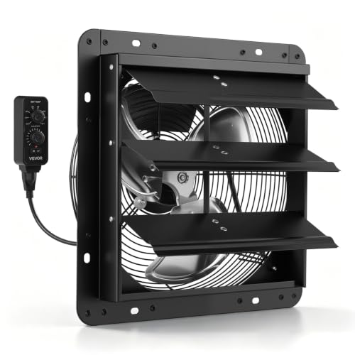 VEVOR 12 inch Shutter Exhaust Fan Wall-Mount Variable Speed Temperature, Automatic Louvers Sturdy Steel Housing, Low Noise, Ventilation and Cooling for Attic, Garage, Barn, Greenhouse, Workshop - size: 12 Inch