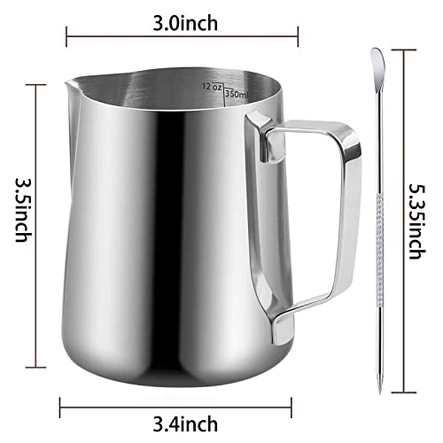 Milk Frothing Pitchers-12oz/350ML Stainless Steel Steaming Pitchers, Scale Coffee/Milk/Cappuccino/Latte Art Barista Steam Pitchers, Milk Jug Cup with Decorating Pen-Silver - color: Silver