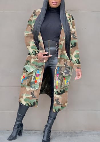 Vakkest Camo Blazer Jacket for Women Lapel Long Sleeve Open Front Cardigan Coat Classic Pockets Overcoat Outwear - color: C#green, size: XX-Large