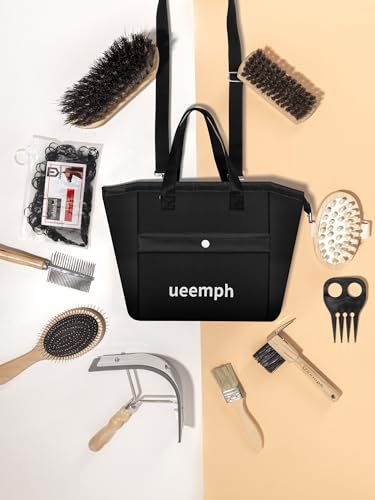 Horse Grooming Kit (12-Piece): Brushes, Storage Bag, Sweat Scraper, Mane Comb, Grooming Gloves, Horse Gift for Girls (Black) - color: Black