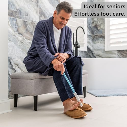 Burlingham's Toe and Foot Towel Brush with Reusable Drying Covers Long 17” Handle for Cleaning Between Toes, Soft Skin Exfoliation,for Seniors, Adults, or Kids, 5 Washable Cloth (Aqua Blue) - color: Aqua Blue