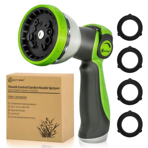 AUTOMAN Garden Hose Nozzle Sprayer - 10 Spray Patterns, Thumb Control On Off Valve, Durable Water Nozzle, Extra 4 Washers, for Watering Garden, Cleaning, Washing Car, Showering Pets Lawngreen - color: Lawngreen