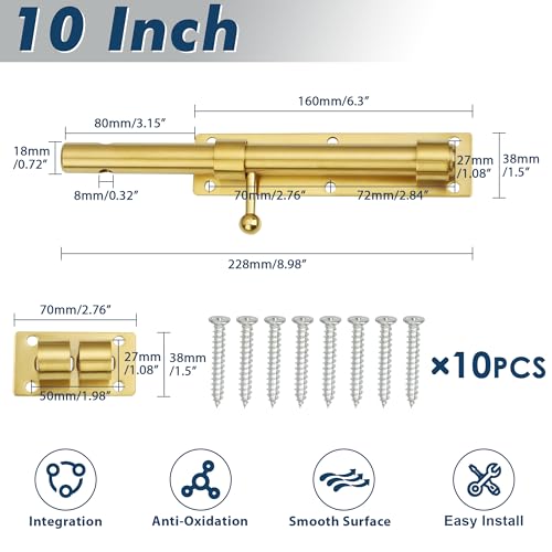Alise 10 inch Barrel Bolt Latch,Heavy Duty Slide Lock for Barn Door | Gold SUS304 Stainless Steel Padlock-Style Slide Bolt Latch,Security Gate Latch for Wooden Fence,Interior or Outdoor Door - color: Gold, size: 10 Inch