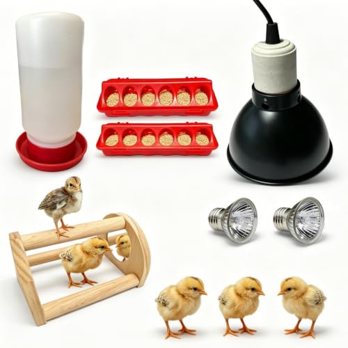 Chick Starter Kit with 75w Heat Lamp, 5-in-1 Baby Chicken Brooder Supplies | Feeder & Waterer Set, Perch with Mirror for Coop Brooder Poultry Chick Duck Quail Bird
