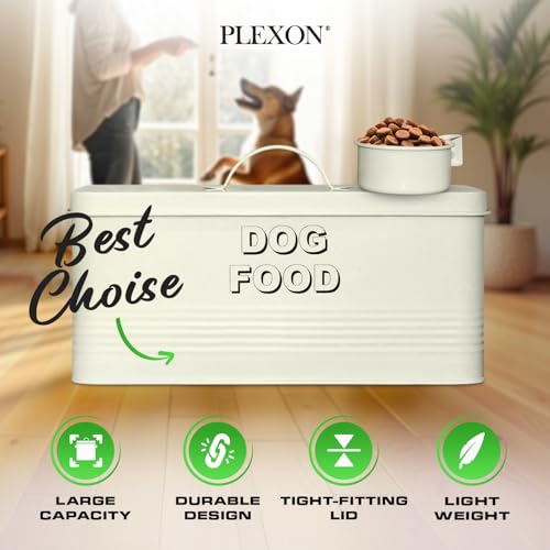 Plexon Metal Dog Food Storage Container with Scoop - Small Dog Food Container 10lbs Holder Treat Jar Bin with Lid - Pet Chow Storage Canister Tin, 2 Gallon, Off-White - color: Off-white, 2 Gall Capacity
