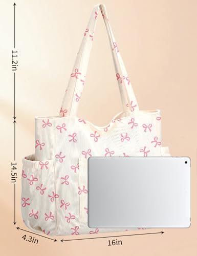 Corduroy Tote Bag for Women, Cute Floral Tote Bag with Zipper, Large Shoulder Handbag with Multi-Pockets for Work Travel Gym - color: Pink Bows