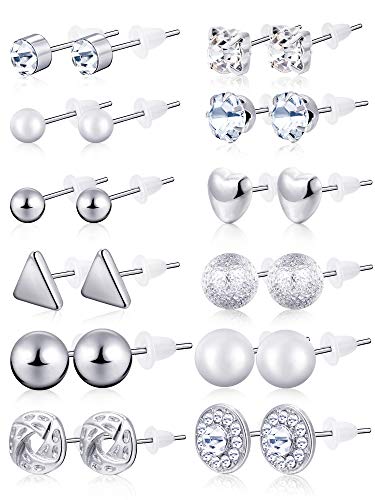 BBTO 24 Pairs Stud Earrings, Crystal Pearl Ear Stud for Women | Earrings, Alloy and Gold, Sliver Gold Black, for Men Women Loved Ones and Friends - color: Sliver