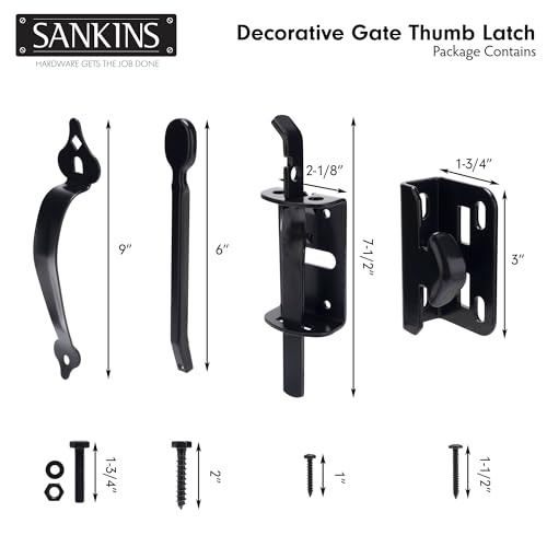 Thumb Gate Latch for Wooden Fence Heavy Duty, Thumb Latch Hardware with 9 inch Decorative Handle, Self Locking Thumb Latch for Swing Gate, Garden, Metal Gate, Vinyl Fence, Black