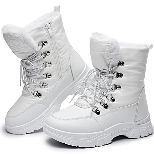 Rominz Womens Winter Snow Boots Outdoor Mid Calf Ankle Booties | Water Resistant, with Zipper, Warm Fur Lined, Anti Slip Sole - color: White, size: 10