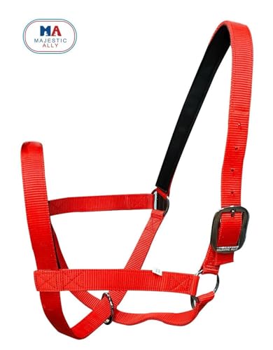 Majestic Ally Adjustable Nylon Cattle Halter with Padded Crown and Nose - 6-Month Warranty - color: Red
