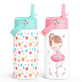 SANDJEST Kid Water Bottle 12oz with Straw Lid - 2-Pack Insulated Stainless Steel Water Bottles for Kids Girls - Travel Cup for Back to School Sports Christmas Birthday (Ballerina & Heart) - color: Heart + Ballet