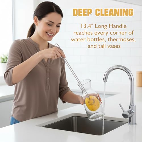Cellulose Sponge Bottle Brush Set with Long & Short Handles, Non-Scratch Washing Cleaner for Wine Coffee Mug Glass Dishes with 6 Replacement Sponges - style: 2 Handles & 6 Sponges