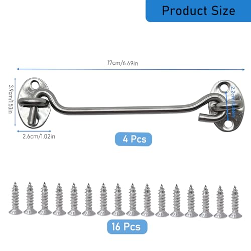 4 Pack 6" Hook and Eye Gate Latch, Stainless Steel Rust-Resistant Barn Door Lock Cabin Hooks for Gate Shutters Window Slide Barn Shed Cabinet Bathroom, with 16pcs Screw,Silver - color: Silver, size: 6 inch(4pcs)