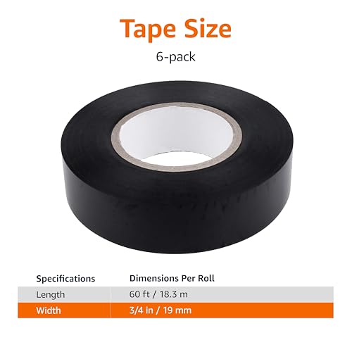 Amazon Basics Electrical Adhesive Tape, Insulating with Strong Adhesive, for Home DIY, Repairs, Electrical, Automotive and Equipment, 3/4" x 60', Black, 6-Pack