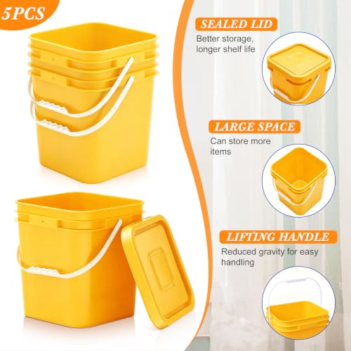 Mumufy 5 Pcs 3.5 Gallon Square Food Grade Bucket with Lid Square Bucket Pail Plastic Handles for Long Term Food Storage, Camping, Fishing, Home Organization Easy Stack and Store (Yellow) - color: Yellow