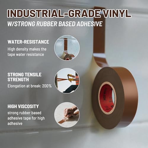 RED WOLF 10 Pack Brown Electrical Tape 3/4 Inch x 66 Ft Industrial Grade UL/CSA Listed 7 Mil Thick Flame Retardant High Temp Waterproof Electrical PVC Tape Electric Super Vinyl Rated 600V - color: Brown