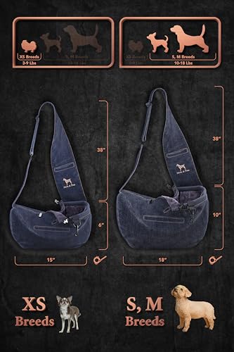 Noah & Paw Dog Sling Carrier for Small Dogs 5-18lb, Dog Sling for Small Dogs and Cats, Dog Carrier with Adjustable Padded Strap, Vegan Denim Lined with Fur, 3X Safety Features, Machine Washable - color: Dark Blue, size: 18.0"L x 10.0"W x 5.5"H