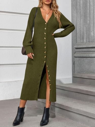Saodimallsu Womens Long Duster Cardigans Button Down Maxi Sweater Dress | Casual V Neck,Lantern Long Sleeve,2026 Oversized Chunky Knit,Floor Length Coatigan,Cute Soft Cozy,Fall Winter Trendy Coat - color: Army Green, size: XX-Large