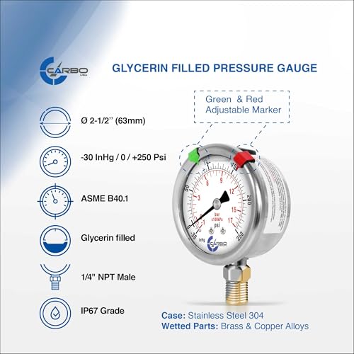 Compound Pressure Gauge -30 inHg to 250 PSI, Liquid Filled, 2.5" Dial, 1/4 NPT Lower Mount, 304 Stainless Steel Case, Brass Wetted Parts, PSI/inHg - ASME B40.1 Grade A - size: -30inHg / 0 / +250Psi, style: NIST TRACEABLE
